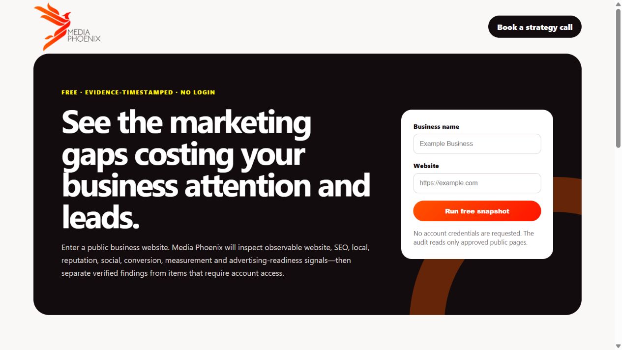 Media Phoenix — Live public Marketing Snapshot intake. No client information has been entered.