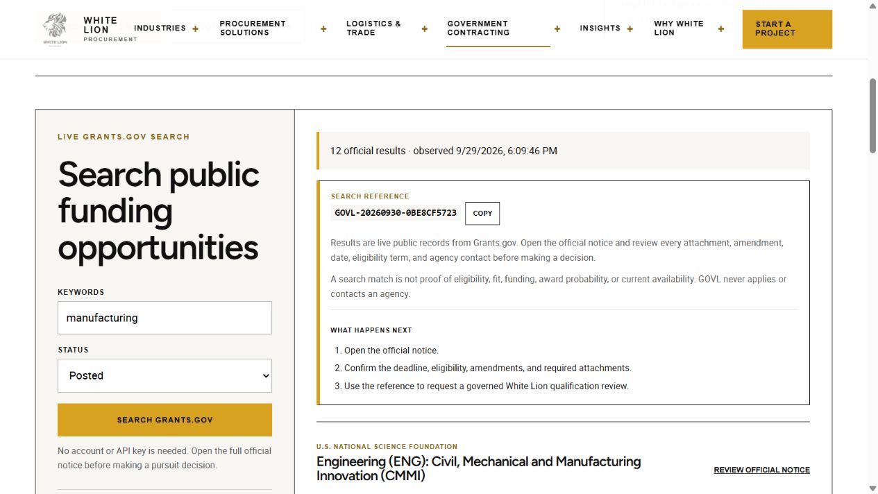 White Lion Procurement — Live public GOVL search for manufacturing, captured September 29, 2026. No private supplier, client or proposal data. A search match is not an eligibility or award guarantee.